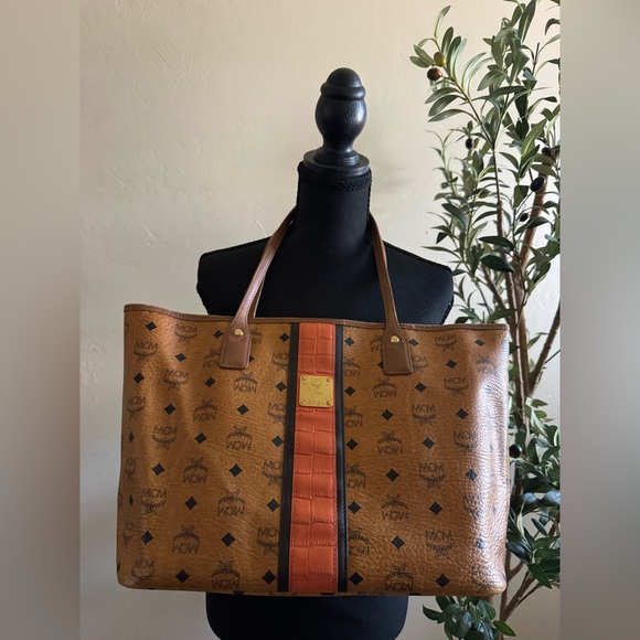 MCM Cognac Visetos Tote with Black Trim and Orange Strap